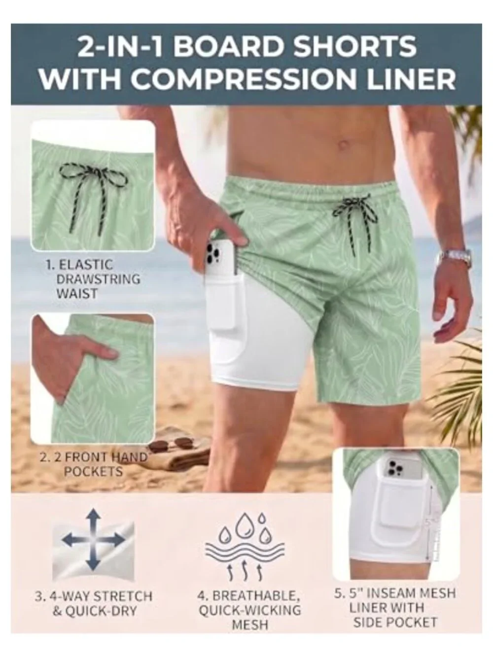 Men's Quick Dry Swim Trunks with 2-in-1 Compression Liner Board Shorts
